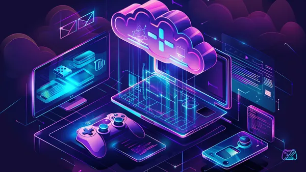 Spiele-Controller, der über leuchtende Datenströme aus einer Cloud mit Fernseher, Laptop und Smartphone verbunden ist