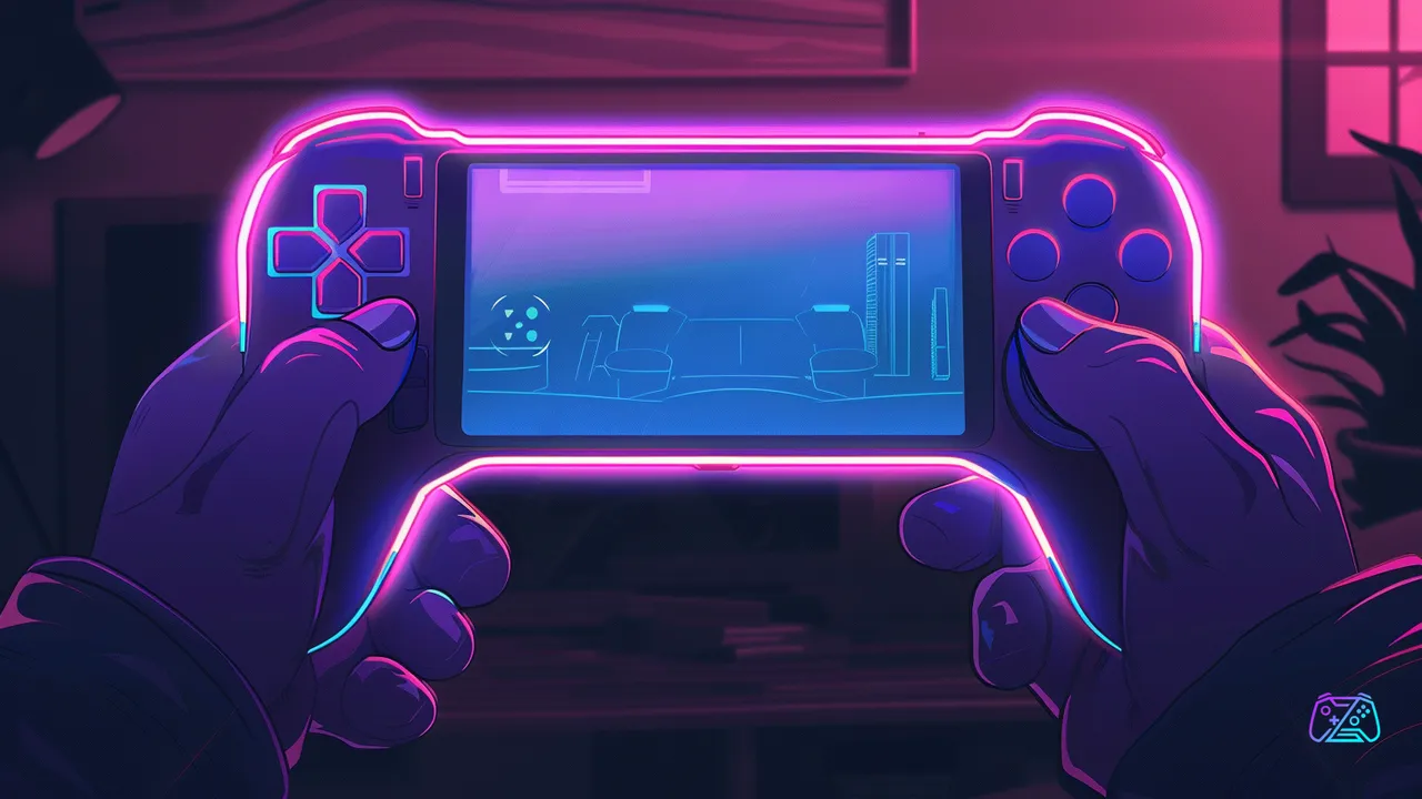 Handheld-Konsole mit leuchtendem OLED-Display in zwei Händen, gemütliches Wohnzimmer im Hintergrund