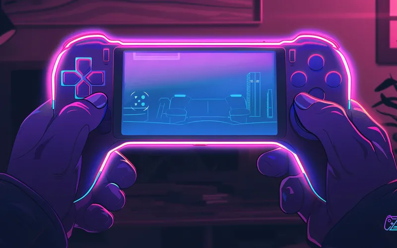 Handheld-Konsole mit leuchtendem OLED-Display in zwei Händen, gemütliches Wohnzimmer im Hintergrund